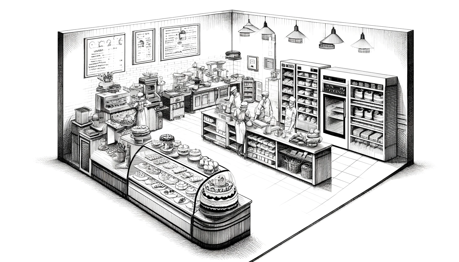 Pen sketch of a small bakery with five bakers, drawn up close. This illustration captures the details of the baker working diligently