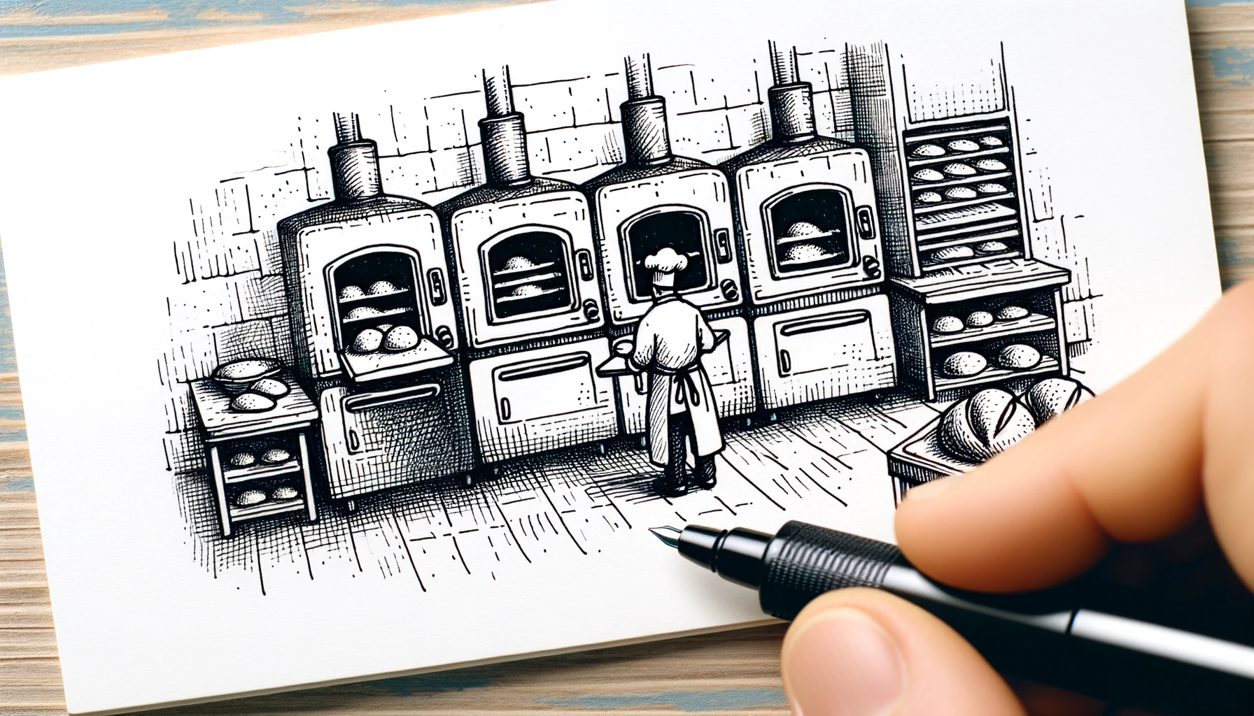 Pen sketch of a small bakery with three ovens and one baker, drawn up close. This illustration captures the details of the baker working diligently and the ovens baking bread, emphasizing the small scale and personal touch of the bakery.